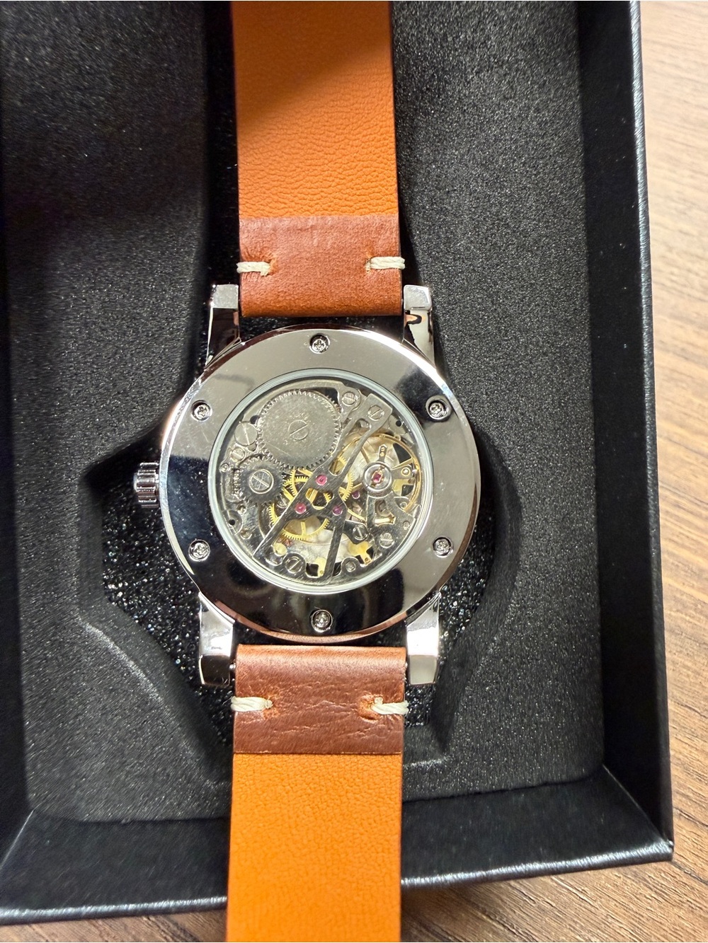 Men's Skeleton Mechanical Watch with Brown Leather Strap